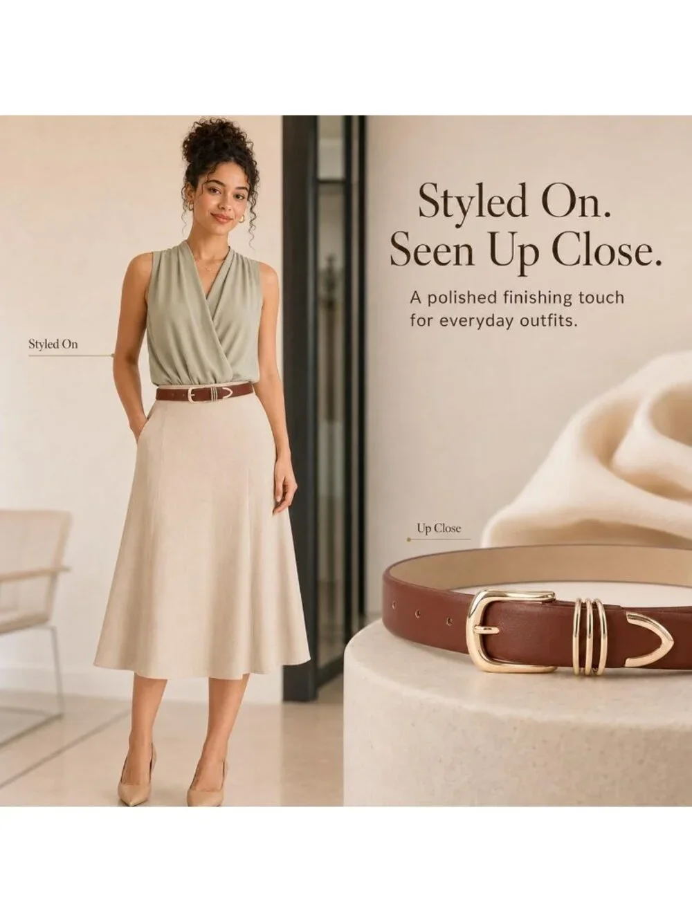 Women Brown Leather Dress Belt For Pants Jeans Fashion With Classic Gold Buckle